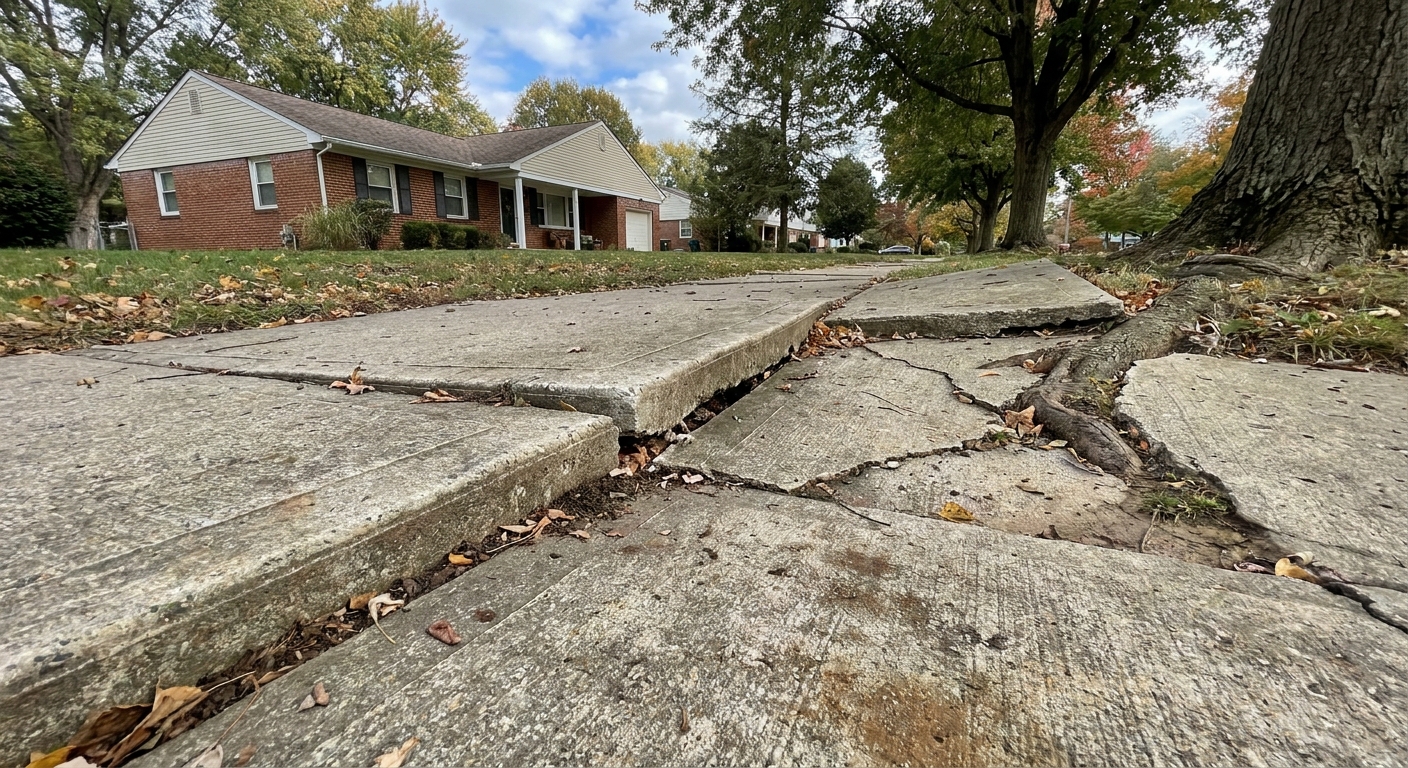 Cracked and settled concrete walkway in Warrington showing common causes like soil movement and water damage.
