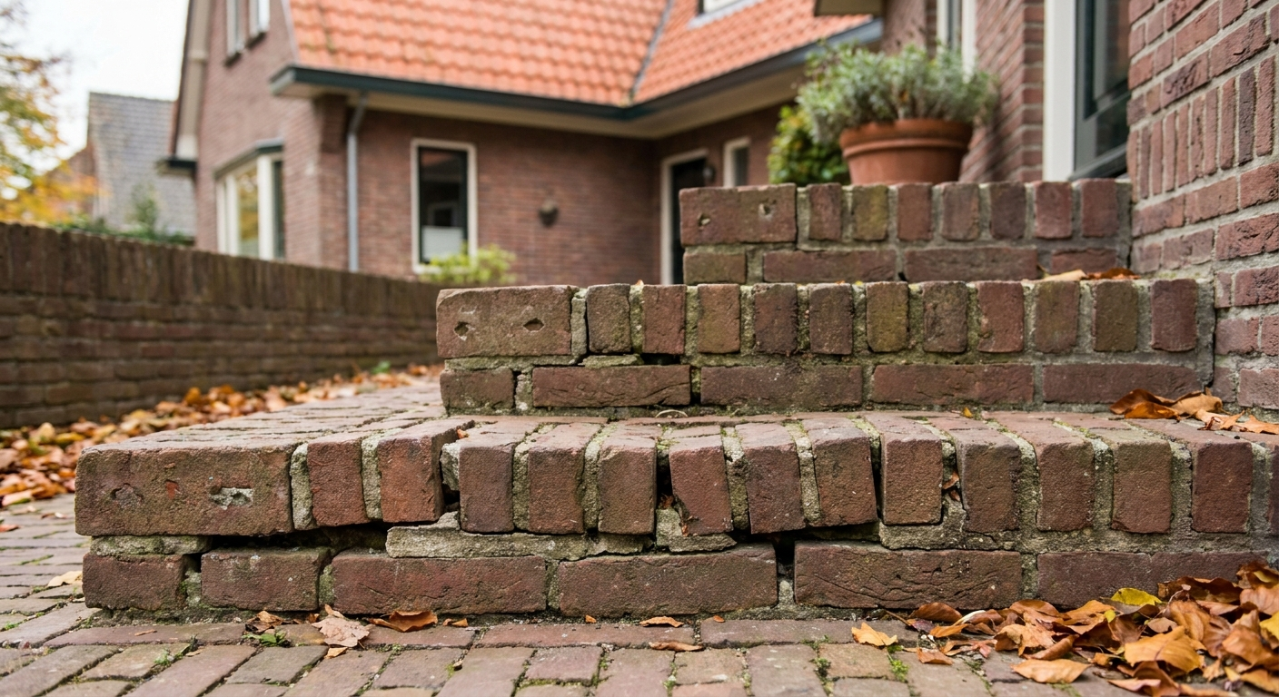 Loose brick steps in Holland showing gaps and mortar failure